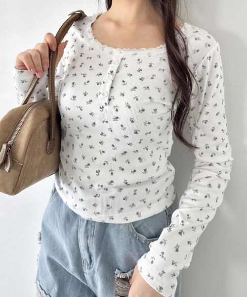 SOLLON.（ソルロン） ヘンリーネック tシャツ レースフラワーヘンリー