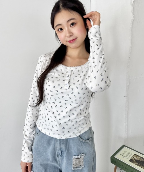 SOLLON.（ソルロン） ヘンリーネック tシャツ レースフラワーヘンリー