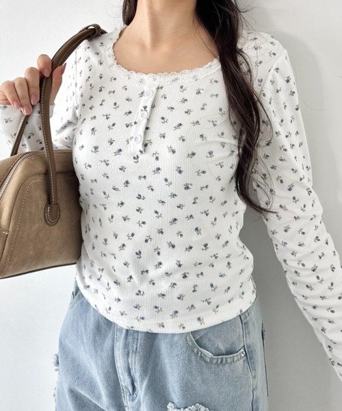 SOLLON.（ソルロン） ヘンリーネック tシャツ レースフラワーヘンリー
