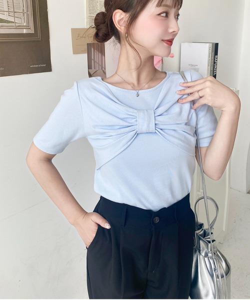 moment+ tシャツ リボンディティール半袖Tシャツ レディース
