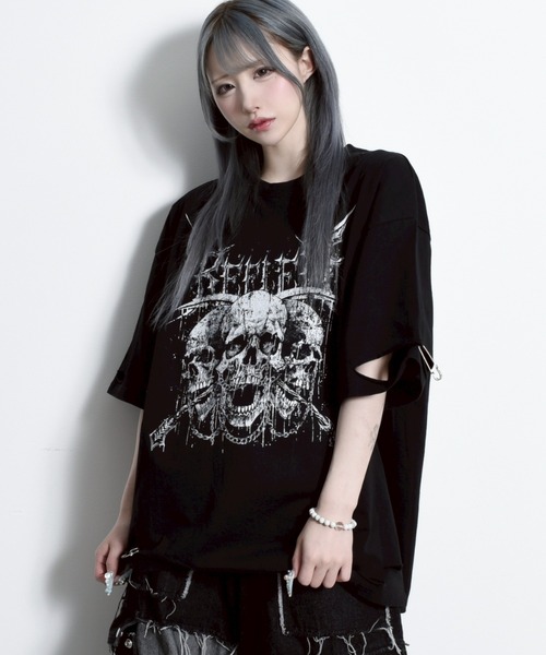 tシャツ 「REFLEM/レフレム」スカルプリントダメージTシャツ/ハーフスリーブカットソー レディース メンズ