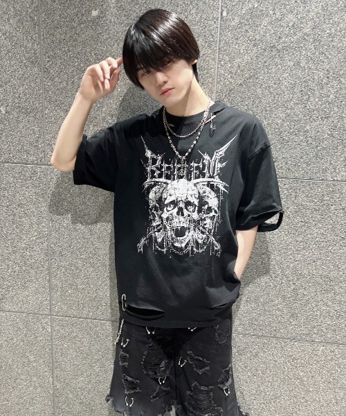 tシャツ 「REFLEM/レフレム」スカルプリントダメージTシャツ/ハーフスリーブカットソー レディース メンズ REFLEM tシャツ 「REFLEM/レフレム」スカルプリントダメージT