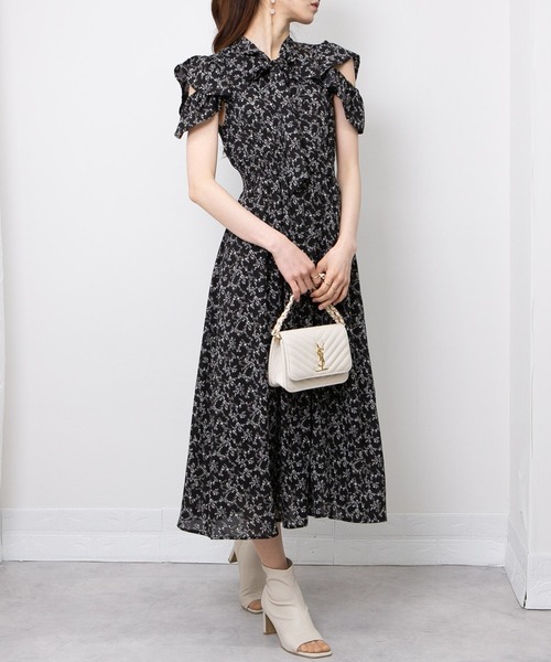 レトロ ✨ワンピース ロング丈 スカーフ柄 ハート柄 ボウタイ リボン M〜L TIME SALE】ハートチェーンプリントボウタイワンピース 49AV