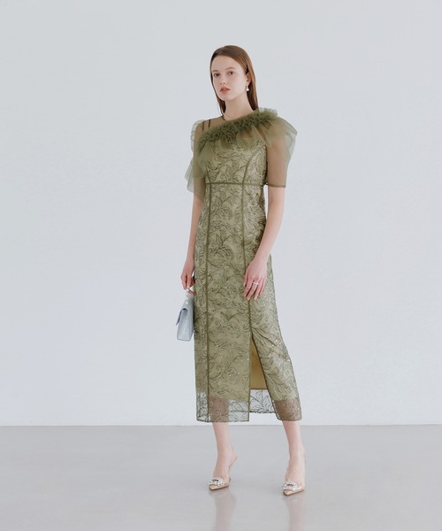 【LEJA】アシンメトリーシアーフラワードレスワンピース美脚効果結婚式 ドレス LEJA】アシンメトリーシアーフラワードレスワンピース美脚効果