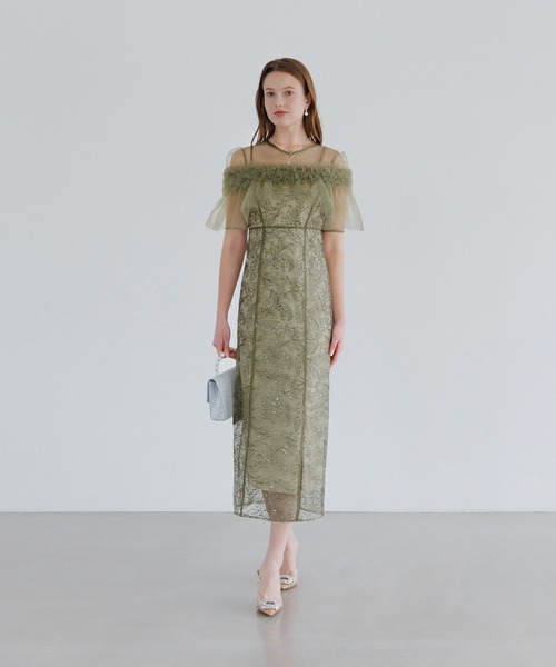 セール】【LEJA】アシンメトリーシアーフラワードレスワンピース