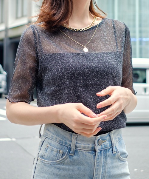 tシャツ 半袖 メロウスリーブ 半袖ラメシアートップス レディース