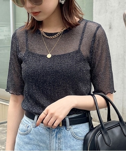 tシャツ 半袖 メロウスリーブ 半袖ラメシアートップス レディース