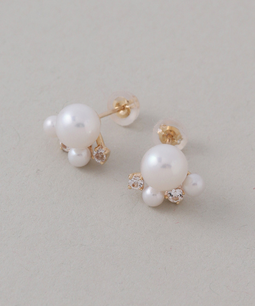 ピアス 6mmパール*ホワイトトパーズピアス K10（両耳） レディースの画像