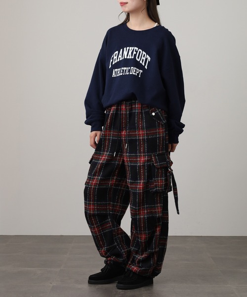 WORKS カーゴパンツ 紡毛タータンチェックカーゴパンツ レディース