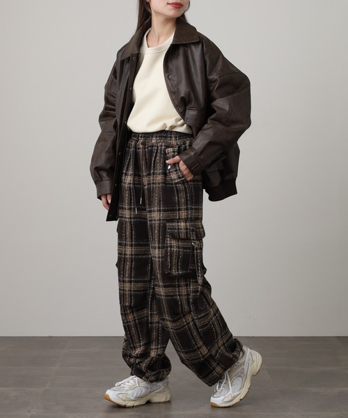WORKS カーゴパンツ 紡毛タータンチェックカーゴパンツ レディース
