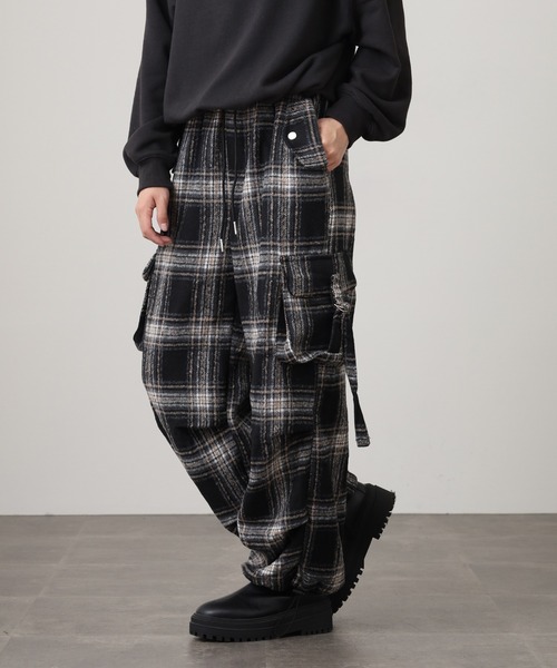 WORKS カーゴパンツ 紡毛タータンチェックカーゴパンツ レディース