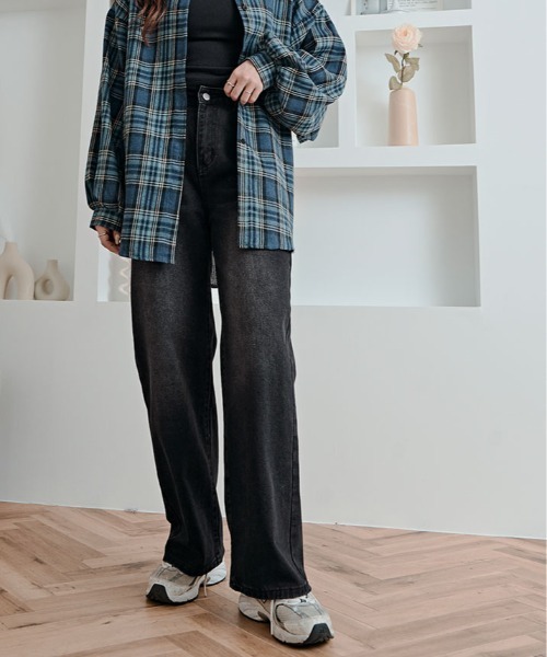 ジーンズ デニム デニムパンツ ブラック ウォッシュ ワイド ストレート