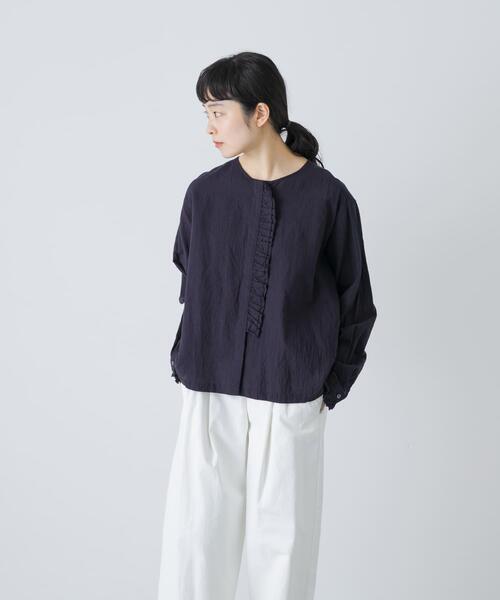 かぐれ ブラウス シャツ コットンリネンフリルブラウス レディース