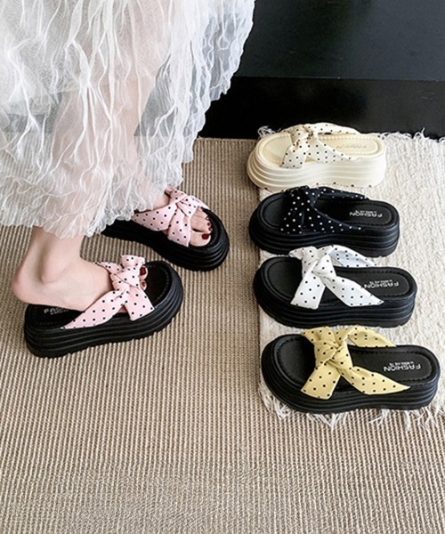 M me emeドット柄 リボン 厚底 サンダル ブラック miniministore（ミニミニストア） 厚底 サンダル ドット柄リボン厚底