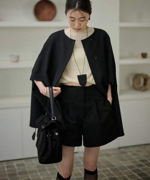ジャケット ノーカラージャケット fly front half sleeve poncho coat 