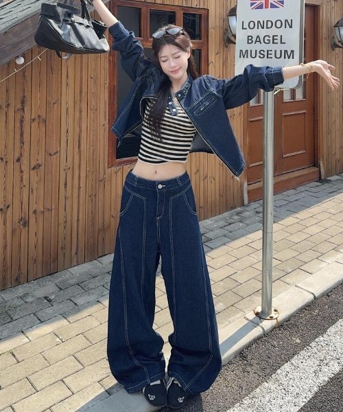 セットアップ 韓国風 スタンドカラー デニムジャケット ワイドパンツ