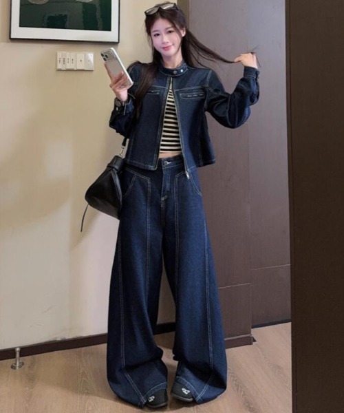   Jeans デニムジャケット・パンツセット セットアップ 韓国風 スタンドカラー デニムジャケット ワイドパンツ