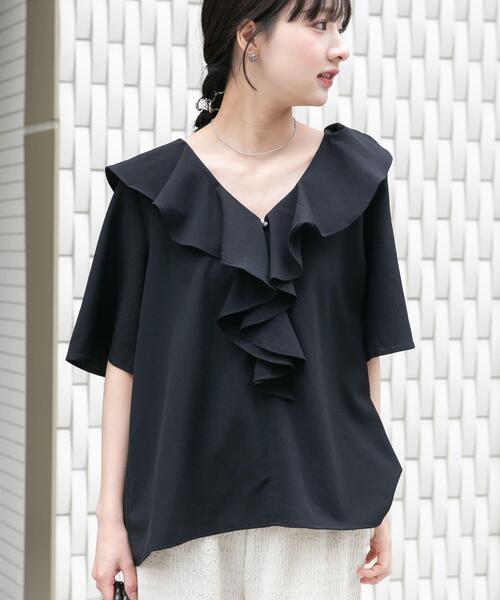 ATELIER BOZ フリルブラウス 半袖 ブラック ITEMS URBANRESEARCH（アイテムズ アーバンリサーチ） ブラウス シャツ