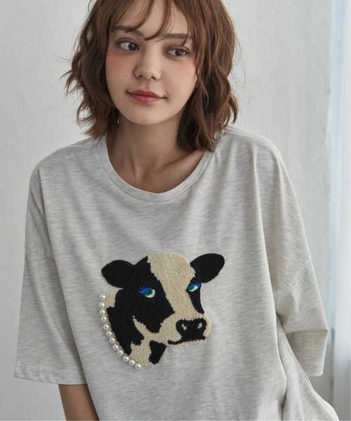 notch. tシャツ 半袖 パールネックレス ウシ サガラ刺繍Tシャツ