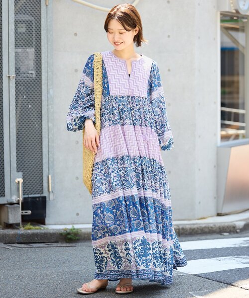 SLOBE IENA インド綿 花柄ワンピース 38 SLOBE IENA（スローブイエナ） 長袖ワンピース 38 ピンク レディース