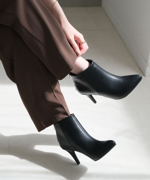 ブーツ ピンヒールバックジップショートブーツ/8cmヒール/ポイン  