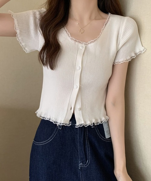 アイボリー ボタン付き ニット 半袖 Lace Ladies ニット セーター ボタン付きラウンドネック半袖