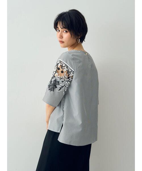 YECCA VECCA ブラウス シャツ ストライプ柄配色レースブラウス