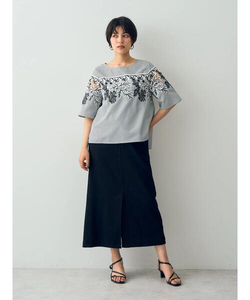 ブラウス シャツ レースストライプブラウス レディース YECCA VECCA ブラウス シャツ ストライプ柄配色レースブラウス