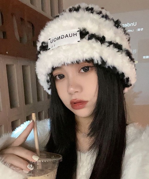 lilful ニット帽 ニットキャップ ワンポイント ボーダー ファー