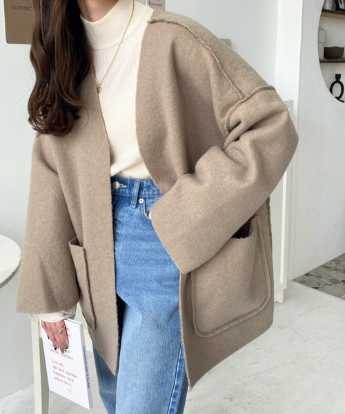 「moment+」 ノーカラーコート M アイボリー レディース_画像7