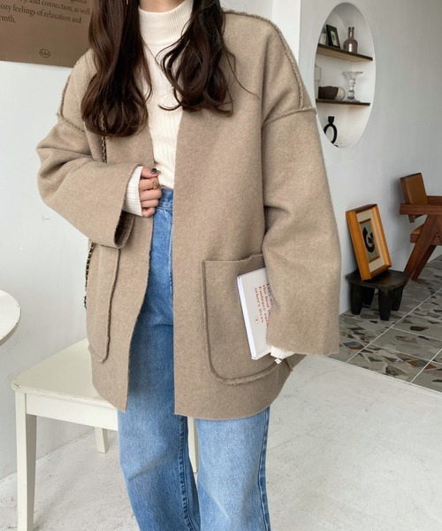 「moment+」 ノーカラーコート M アイボリー レディース_画像9