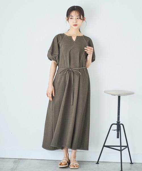 ★新品未使用品★ランタンスリーブフロントワンピース mil ワンピース ランタンスリーブ キーネックワンピース