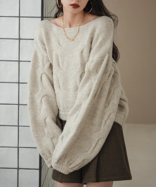 hinari（ヒナリ） ニット セーター ケーブルMIXラメニット レディース