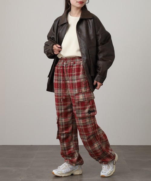 WORKS カーゴパンツ 紡毛タータンチェックカーゴパンツ レディース