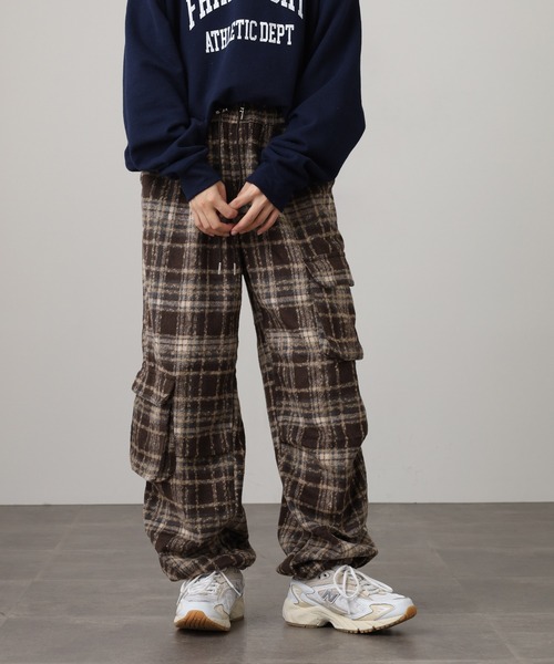 WORKS カーゴパンツ 紡毛タータンチェックカーゴパンツ レディース