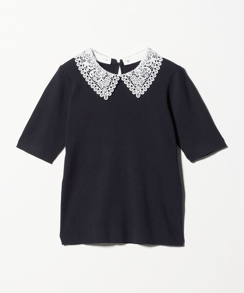 ニット セーター リブ エリレース 2WAY 5分袖 ニット プルオーバー レディースの画像