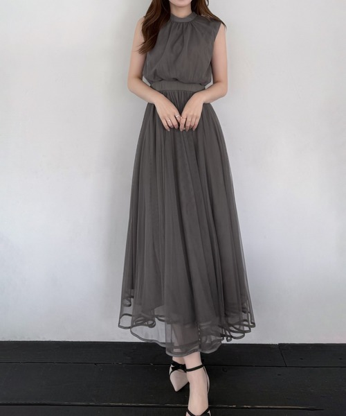 JUNOAH（ジュノア） ワンピース ノースリーブチュールワンピース