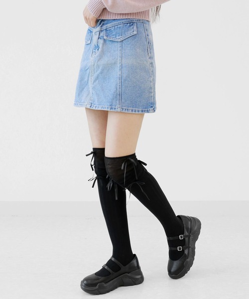 minsobi（ミンソビ） 靴下 リボン付き シアー切り替え ストライプニー