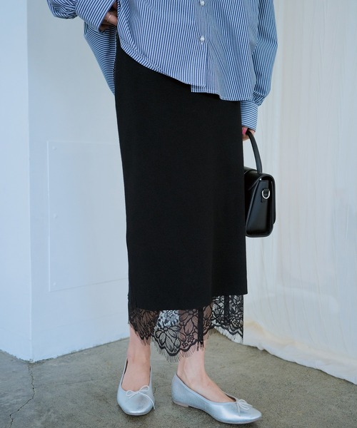 新品✨リバーシブル　レースニットスカート　ベルト付き Lace Ladies スカート リバーシブルニット×レーススカート