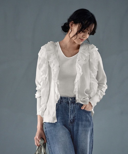 カーディガン 「LUXE」シフォンフリルニットカーディガン レディース