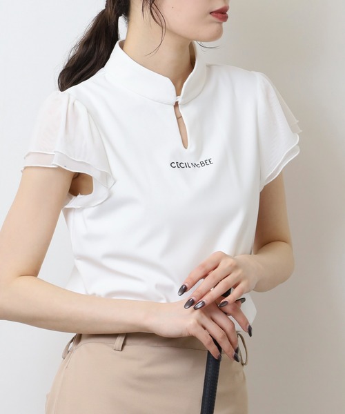 tシャツ 袖チュールスタンドカラー半袖プルオーバー レディース