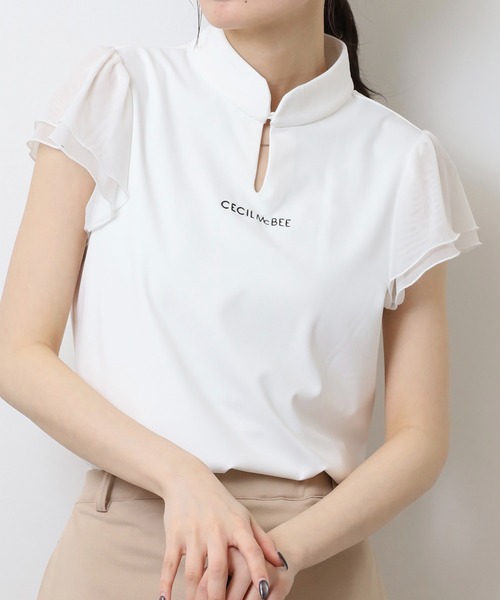 CECIL McBEE（セシルマクビー） tシャツ 袖チュールスタンドカラー半袖