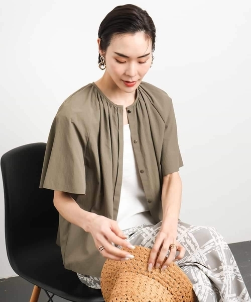 ブラウス シャツ 「ドライタッチ」ギャザーブラウス 無地(セットアップ対応) レディース