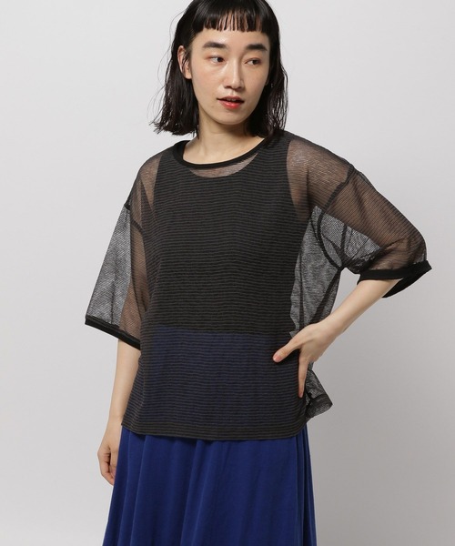 tシャツ シアーボーダーリブ ボトルネックプルオーバー レディース セール】シアーボーダーリブ ボトルネックプルオーバー（Tシャツ