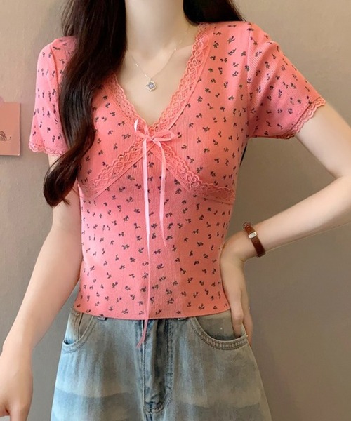 Lace Ladies（レースレディース） tシャツ 半袖 Vネック 花柄 レース
