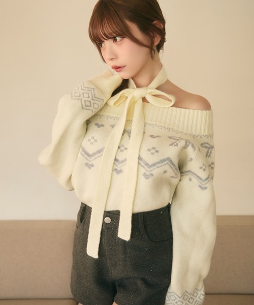 オフショルダーリボン付きニット TITTY＆CO.（ティティーアンドコー） ニット セーター ノルディック柄
