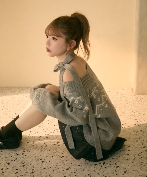 TITTY&CO. ノルディック柄リボン付きオフショルダーニット ピンク TITTY＆CO.（ティティーアンドコー） ニット セーター ノルディック柄