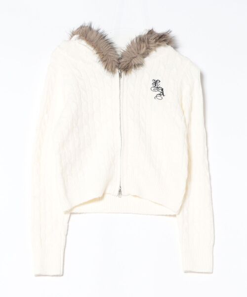 パーカー 「ケーブル編み×ファーフード」ダブルZIPニットパーカー