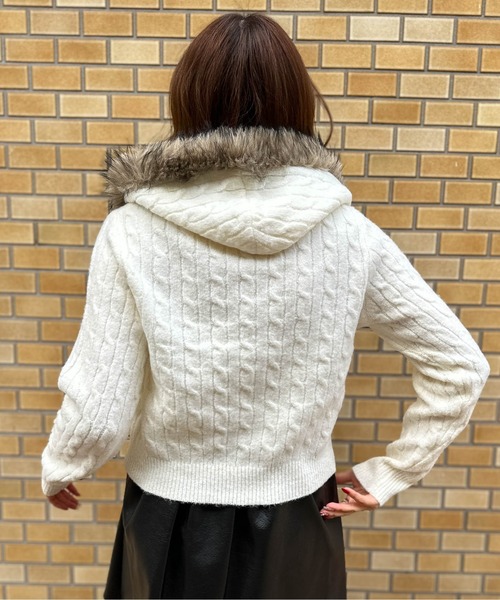 パーカー 「ケーブル編み×ファーフード」ダブルZIPニットパーカー