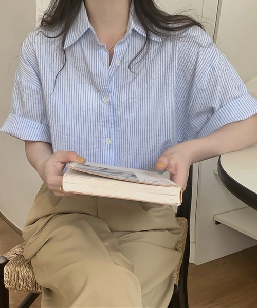 ブラウス シャツ ストライプ 半袖 ブラウス レディース Girly Doll ブラウス シャツ ストライプ半袖シャツ レディース